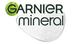 Logo Garnier Mineral z zielonym liściem, na białym tle
